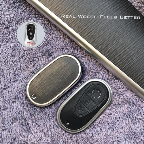 Compatible with Mercedes Benz Key case Key fob Cover Real Wood Veneer Genuine Leather Key Fob Shell Gift C GLC E S ect 2022-2023-newer (Beaufort Oak, White Leather)