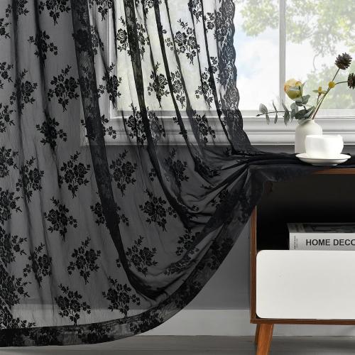Kotile Black Lace Curtains 54 Inch Length 2 Panels, Country Rustic Floral Pattern Gothic Sheer Curtains for Bedroom, Rod Pocket Vintage Privacy Sheer Lace Curtain, 42 x 54 Inch, 1 Pair, Black
