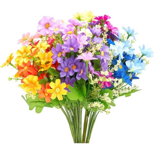 6 Bundles Outdoor Artificial Flowers for Decoration,Silk Flowers UV Resistant Fake Flowers No Fade Faux Flowers Bouquet Hanging Plants for Indoor Outside Farmhouse Home Garden Rainbow Daisy Mums
