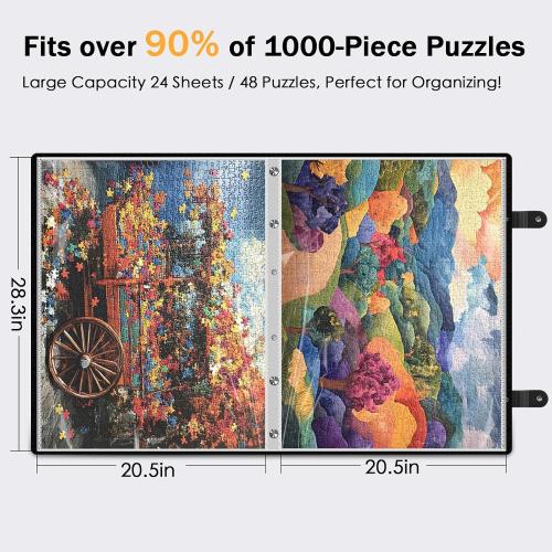 Black 28.3x20.5 Puzzle Storage Folder for 1000 Pieces with 24 Sheets/48 Puzzles, Large Capacity Portable Puzzle Album to Store Finished Puzzles