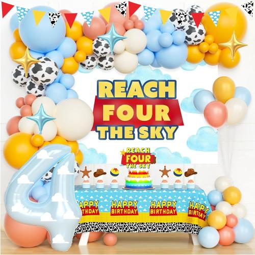 Reach for the Sky Birthday Decorations, 121 PCs - Toy Inspired Story 4th Birthday Party Supplies with Blue Cloud Backdrop, Balloon garland, Four Cake Topper