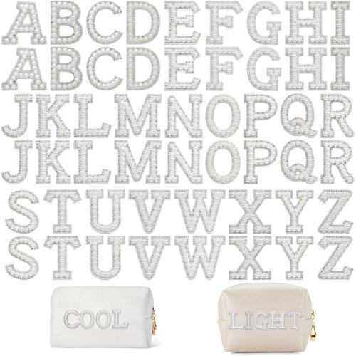 52 Pcs Iron on Letters Pearl Letter Patches with Pearl Rhinestone Self Adhesive A-Z Stick on Pearl Letter Patches for Clothes, Fabric, Backpack