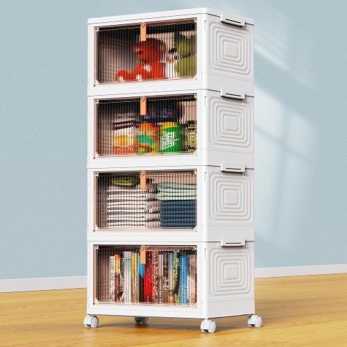 4 Tier Plastic Storage Bins with Lid  Stackable Storage Containers with Wheels, Folding Storage Boxes, Collapsible Storage Bins, Closet Organizers and Storage for Living Room,Office,Dorm