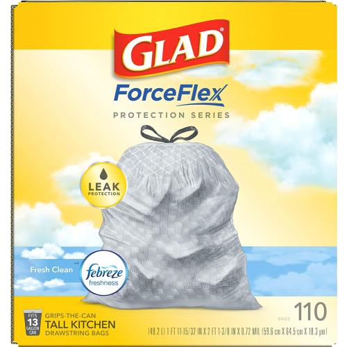 Glad ForceFlex Tall Kitchen Drawstring Trash Bags, 13 Gal, Fresh Clean, 110 Ct, Pack May Vary