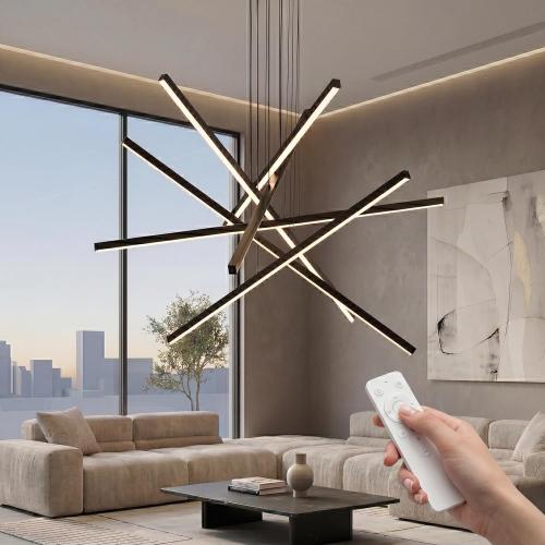 Modern Chandelier,6- Light Fixture Black Sputnik Linear Dimmable Dining Room Chandeliers 39.4in Hanging Lamp LED Dimmable Pendant Adjustable Lights Ceiling for Living Room Foyer Entryway Staircase
