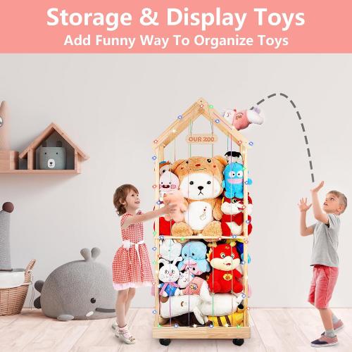 Stuffed Animal Storage Toy Storage Organizer – Doodleable Wooden Stuffed Animal Holder with LED Light, 360° Swivel Wheels for Nursery Playroom Bedroom Kids Room