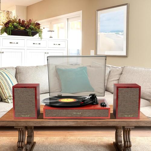 Vinyl Record Player with Dual External Speakers, 3 Speed Vintage Stereo Turntable for Vinyl Records, Bluetooth Input, Auto Stop & Belt Driven System, RCA Out and Aux in