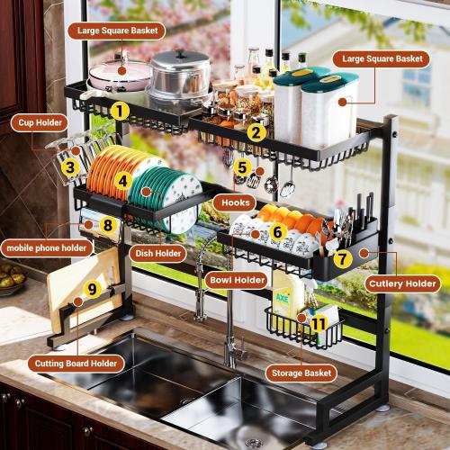 Over The Sink Dish Drying Rack 27-40L x 12W x 32.5-37H (inches) (Expandable Height and Length) Snap-On Design 2 Tier Large Dish Rack