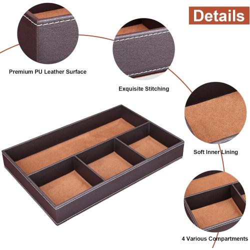 Size 11.85×7.91×1.61 Color Brown Faux Leather Valet Tray for Men, Stackable Jewelry Organizer for Drawers Inserts, Nightstand Caddy Tray for Key, Wallet, Sunglass, Watch, Coin, Phone, Bedside Desktop Storage Brown
