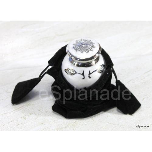 eSplanade Metal Cremation Mini urn Keepsake Memorial | Small urn for Ashes Funeral Burial Container jar Pot | Color - White(Silver Carved) Size-4.5 Inches