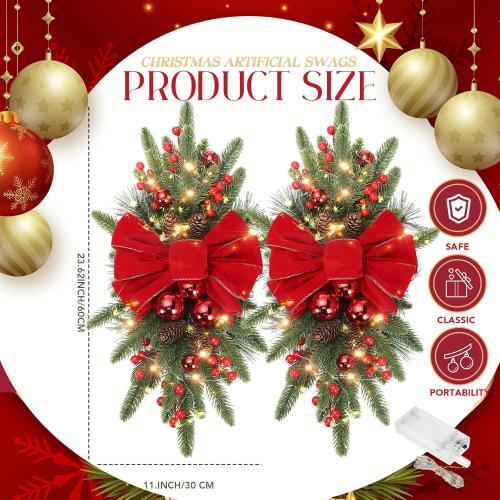 Lyrow 8 Pcs Christmas Artificial Swags 24 Xmas The Cordless  Stairway Swag Teardrop Trim Wreath Door Stair Swag Garland Christmas Swags for Outdoor Home Garden Decor(Red,Ribbon)