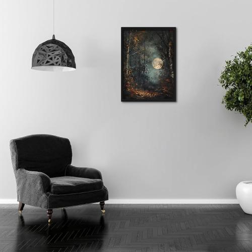 Vintage Framed Wall Art, Forest Gothic Decor, Dark Academia Celestial Moon Canvas Prints, Moody Landscape Painting Wall Decor for Living Room Bedroom – Black Wooden Frame 16x24in