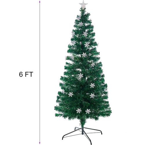 Juegoal 6 ft Pre-Lit Optical Fiber Christmas Artificial Tree, RGB Color Changing LED Lights, Snowflakes & Top Star, Fake Xmas Tree with Metal Legs