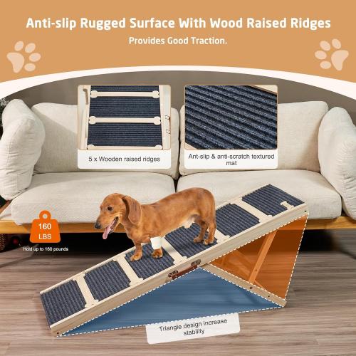 Wooden Dog Ramp for High Bed, 47.2 Long Non-Slip Dog Ramp for Couch, 6 Adjustable Heights from 15.7 to 28 with Side Rails Anti-Slip Traction Mat for Small Medium Large Dogs(Up to 160 Lbs)