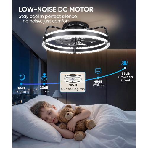 Ceiling Fan with Lights, 20'' Low Profile Ceiling Fans, 3000-6500K Dimmable Fandelier LED Fan Light, Black Modern Flush Mount Ceiling Fan, 6 Speeds Reversible DC Motor Noiseless for Bedroom, Kids Room