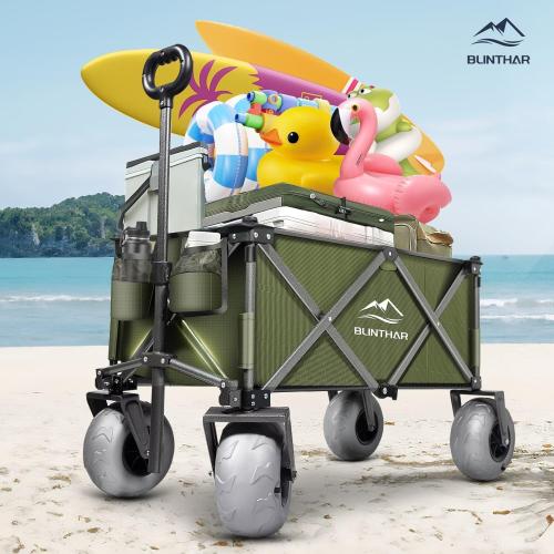 Beach Wagon with Big Wheels for Sand, Heavy Duty Harder Sand Collapsible Folding Wagon with All-Terrain 9 Pneumatic Ballon Tires, Utility Wagon for Garden Sports Camping Outdoor Activities