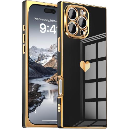 IAIYOXI Case for iPhone 14 - Rectangle Design, Full Camera Protection, Cute Heart Pattern, Electroplated Reinforced Corners, Shockproof Edge Bumper,Compatible with iPhone 14,Black