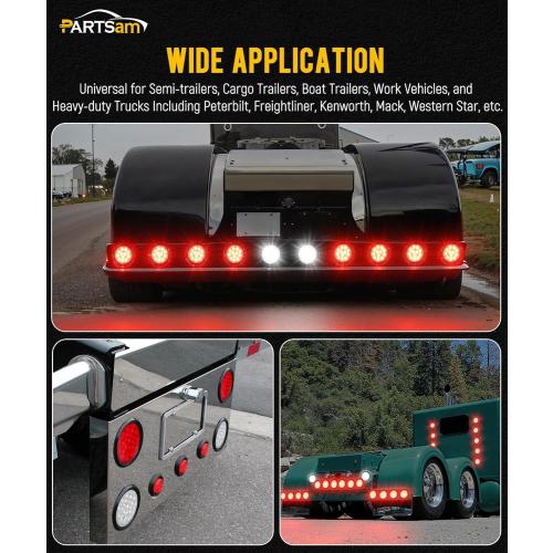 Partsam 6Pcs 4 Inch Round LED Trailer Tail Lights Kit - Round Led Stop Turn Tail Back-up Reverse Fog Lights 12 LED Include Lights Grommet 3-Prong Wire Pigtails for Truck Trailer RV(4 Red   2 White)