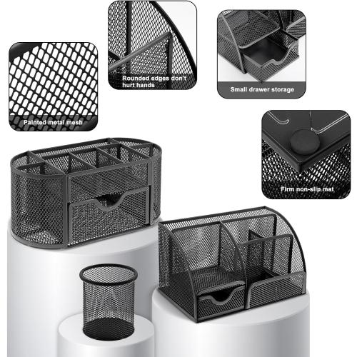 17 in 1 Black Desk Organizers and Accessories Set, 3 Office Desk Supplies Storage Organization, 4 Pens, Stapler, Staples & Remover, Tape & Dispenser, Scissors, Ruler, Clips, Hole Punch, Back to School