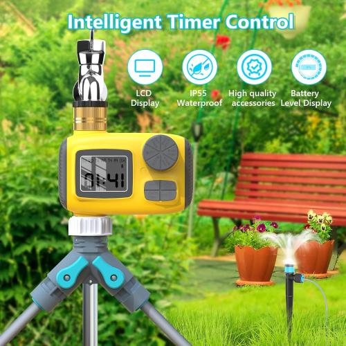 Drip Irrigation System Kit with Water Timer 100FT，1/2 inch Hose 1/4 inch Distribution Tubing，Water Timer for Garden Hose with Anti-Leakage Quick Connector and Drip Emitters,for Potted Plant