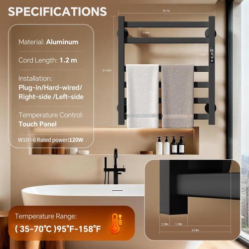 Electric Towel Warmer Wall Mounted, 6 Bar Heated Towel Rack with Intelligent Timer & Temp Control, Plug-in/Hardwire, Left and Right Compatible