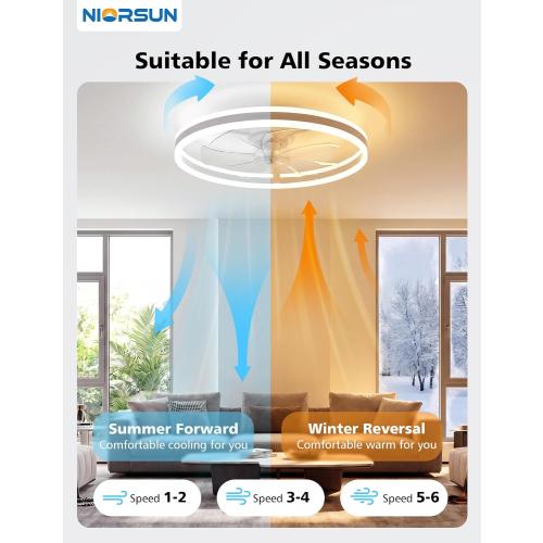 RGB Ceiling Fan with Light and Remote,24 Fandelier Smart Ceiling Fan,White | Low Profile Ceiling Fan with Light, Dimmable Flush Mount Ceiling Fan, Modern Bladeless Ceiling Fan, 6 Speeds Ceiling Fan RGB