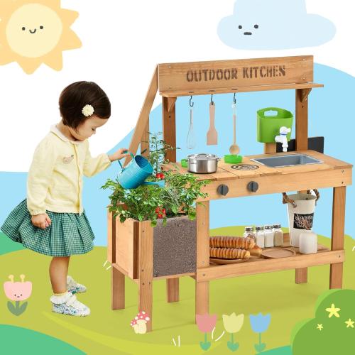 Mud Kitchen for Kids Outdoor, Wood Play Kitchen with Planter Box, Toddler Sink, Faucet, Blackboard, Water Cup and Accessories