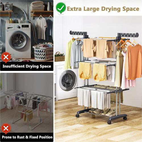 Upgraded 4-Tier Clothes Drying Rack, Drying Rack Clothing with Wheels | Large Foldable Laundry Drying Rack, Clothes Rack with Side Hooks for Indoor Outdoor Air Drying, 19.68D x 29.9W x 67.7H