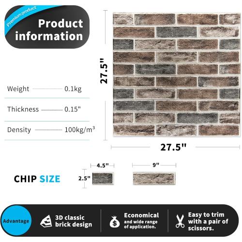 Art3d 10-Pack 52.5 Sq.Ft Faux Brick 3D Wall Panels Peel and Stick in Gray Brown, Self Adhesive Waterproof Foam Wallpaper for Bedroom, Bathroom, Kitchen