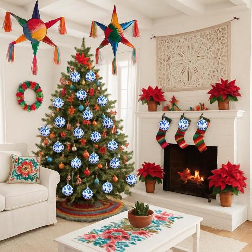 Poen 12 Pcs 3.15 Inch Mexican Christmas Ornaments Blue and White Talavera Ornaments Talavera Christmas Tree Decor Plastic Shatterproof Ball Cielito Lindo Decor Hanging Xmas Hispanic Party