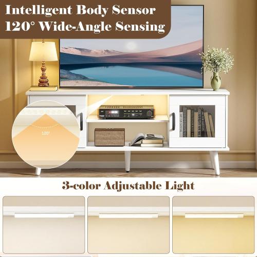 Wood TV Stand for TV, Mid Century Modern Entertainment Center with Adjustable Shelf, Sensor LED Light, 2 Cabinets, TV Media Console for Living Room Bedroom White