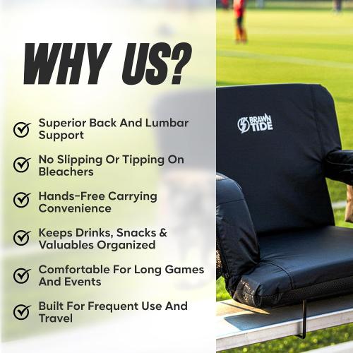 BRAWNTIDE Stadium Seat for Bleachers with Back Support - Wide Padded Reclining Bleacher Seat, Portable Folding Stadium Chair with Armrests, Hooks, Straps, Cup Holders & Pockets (Black, 21, 2 Pack)