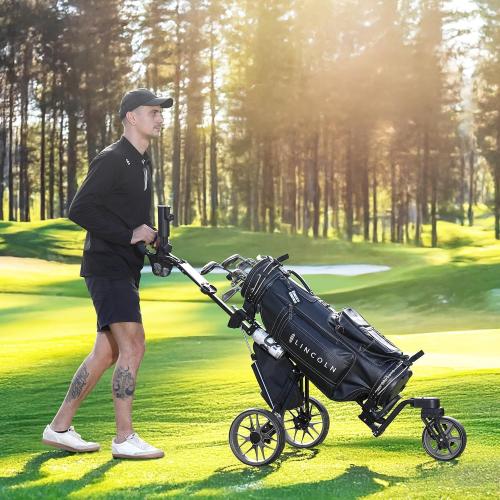 360 Golf Pull Cart: Lightweight Folding Swivel 3 Wheels Golf Caddy with Foot Brake, Cooler Bag, Drink& Umbrella Holder