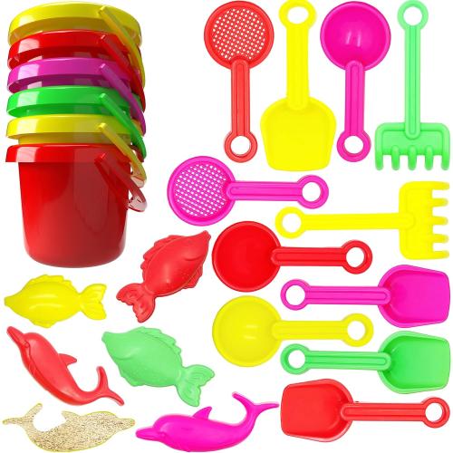 The Dreidel Company Mini Beach Day Playsets (Pack of 6) 3.25 Sand Bucket Play Set Box Includes, Pail, Shovel, Rake, Sifter Scoop, Dolphin Fish Sand Trays Toy for Boys and Girls Birthday Party Favor