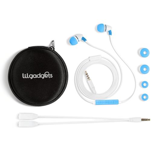 LilGadgets BestBuds Kids Earbuds for School - Safe & Comfortable, Volume Limited, Wired in-Ear Kids Ear Buds with an in-Line Microphone, Travel Case, and Splitter - Blue