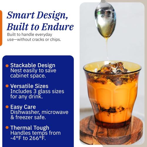 Duralex Le Picardie Glass Tumbler Drinking Set – 18-Piece Amber Tumblers in Mixed Sizes
