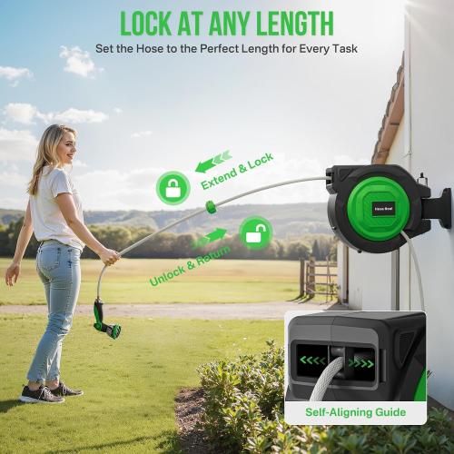 Size 1/2 x 100ft Color Green Retractable Garden Hose Reel, 1/2 in x 100 ft Heavy Duty Wall-Mounted Hose Reel with 180° Swivel Bracket, 10-Pattern Nozzle, Automatic Slow Return System, Any Length Lock for outside Watering,Cleaning