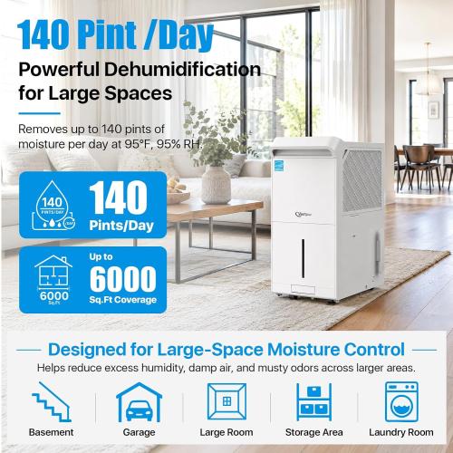 Dehumidifier for Basement, 6000 Sq Ft Energy Star Most Efficient 2025 | Max 140 Pint/Day for Home and Large Rooms with Drain Hose, Auto Defrost, Smart Humidity Control, Auto Restart
