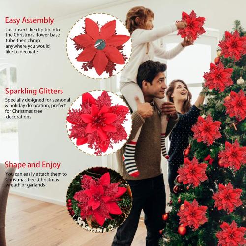 GREENTIME 12 Pcs Glitter Poinsettia 5.5 Artificial Flowers Christmas with Clips Stems Xmas Tree Ornaments for New Year Party Stairs Fireplace Porch Balcony Garden Church Wreath Decoration (Red)
