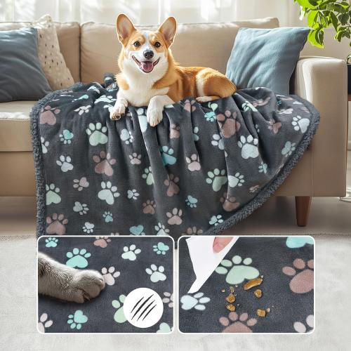 Luciphia Waterproof Pet Blankets Whith Paw Print for Couch Sofa Bed Cover, Liquid Pee Proof Soft Fluffy Dog Blanket Washable, Reversible Furniture Protection Puppy Cat, Bone, X-Large(57 x 65)