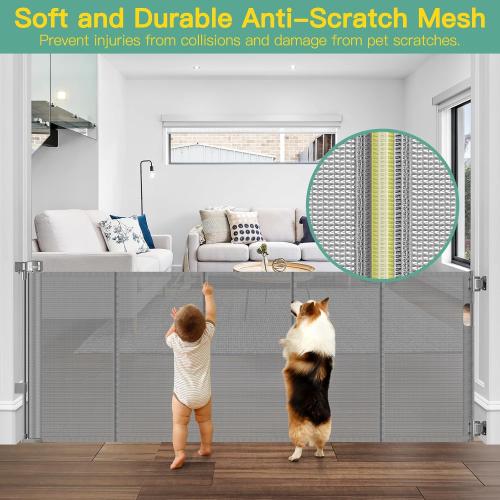 Upgraded 60 Wide Retractable Dog Gate with Reinforced Rods - Bottom Anti-Escape, 5 ft Retractable Baby Gates for Doorways Retractable Gates for Dogs Indoor/Outdoor Retractable Pet Gate, Gray