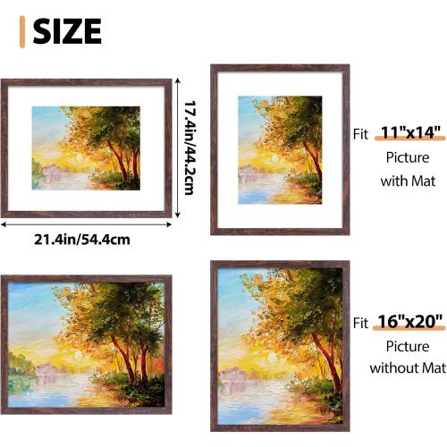 Fixwal 16x20 Picture Frame, Display Pictures 11x14 with Mat or 16x20 Without Mat, Brown Poster Frame for Wall Mounting Decor,