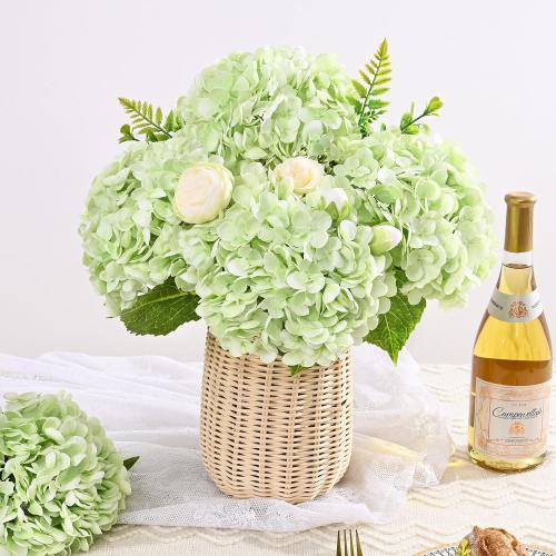 3Pcs Real Touch Hydrangea Artificial Flowers, 21 Fake Flowers, Light Green