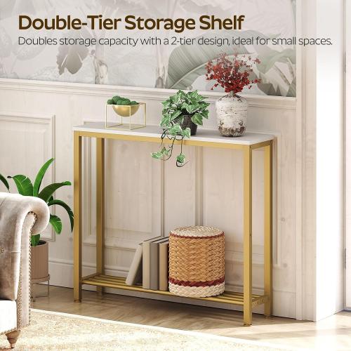 YATINEY Narrow Console Table, 2-Tier Small Sofa Table, 29.5 Thin Entryway Behind Couch Table with Shelves, Industrial Hallway Table, for Living Room, Foyer, White and Gold CT03DW
