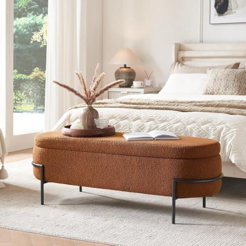 Size 52 Color brown Sherpa Storage Ottoman Bench for Bedroom, Brown End of Bed Bench with Storage, Upholstered Boucle Storage Bench with Metal Stand and Hinges, Oval Ottoman for Living Room, 52 Inch