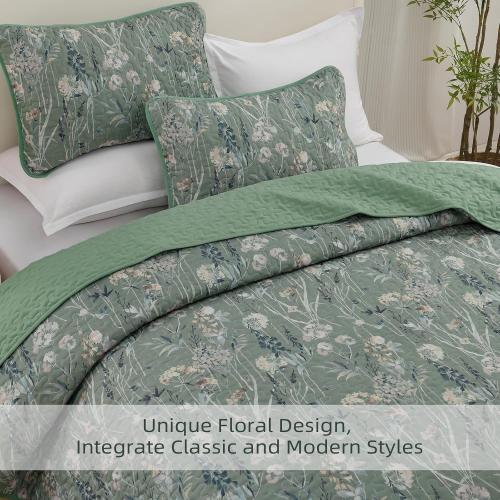 Goodidea Quilts King Size Bedding Set, Sage Green Bedspreads King Size 3 Piece Lightweight Soft Microfiber Reversible Coverlet Floral Quilt Set with Pillow Shams for All Season (King, 104X90)