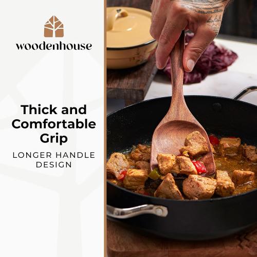 Teak Wooden Utensil Set with Spoon Rest & Hooks - Durable Wooden Spoons for Cooking with Comfort Grip - Effortless Clean, Non-Stick Friendly 8 Pcs