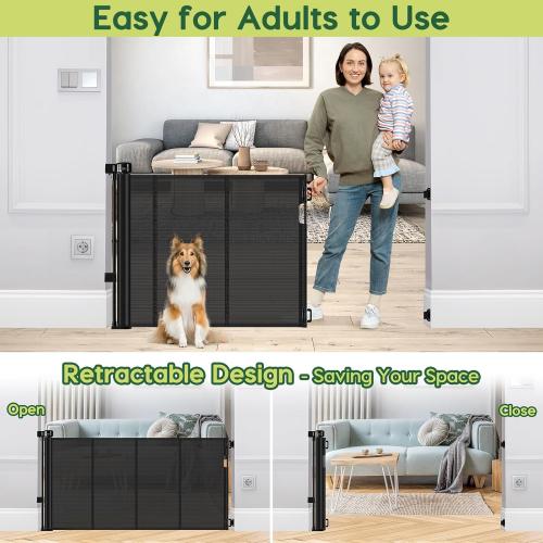 Reinforced 55 Wide Retractable Baby Gates with Reinforced Strips Retractable Dog Gate for the House Prevents Bottom Drilling Through Kid/Pet Mesh Baby Gate for Stairs Puppy Gates for the House, Black