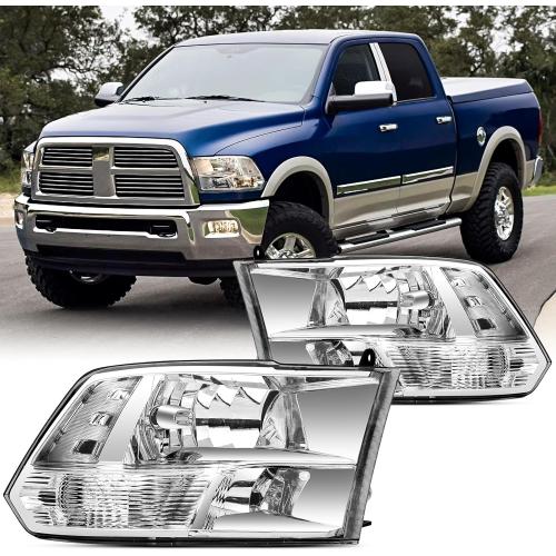 Pair Headlights Assembly Set For 2009 2010 2011 2012-2018 Dodge Ram 1500 2500 3500 5500 ST SXT SLT Pickup/2019-2022 Ram 1500 Classic Truck Replacement Headlamps Chrome Housing Clear Lens LH&RH