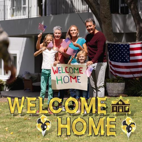 Yerliker 14 Pcs Welcome Home Yard Sign with Stakes LED Light 12.6 Welcome Home Lawn Sign Outdoor Yard Letters Decorations Patriotic Military Homecoming Party Supplies (Gold)